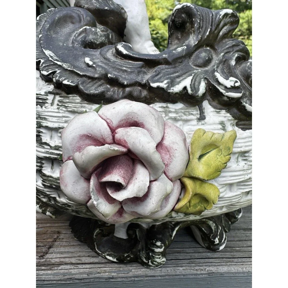 Vintage Capodimonte Italy Cherub Planter Basket Porcelain 3D Rose Putti 11